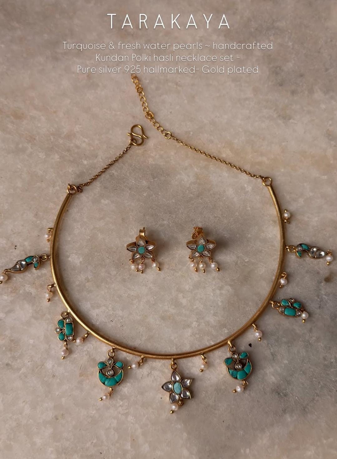925 Sterling Silver Gold Plated Kundan Polki Necklace