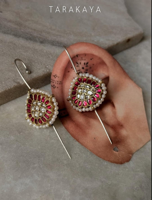 925 Sterling Silver Gold Plated Pink White Stone Kundan & Fresh Water Pearls Pirohi Full Ear Cuffs - Dual Tone