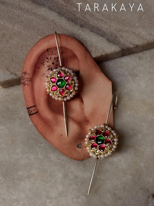 925 Sterling Silver Gold Plated Pink & Green Stone Kundan & Fresh Water Pearls Pirohi Full Ear Cuffs - Dual Tone