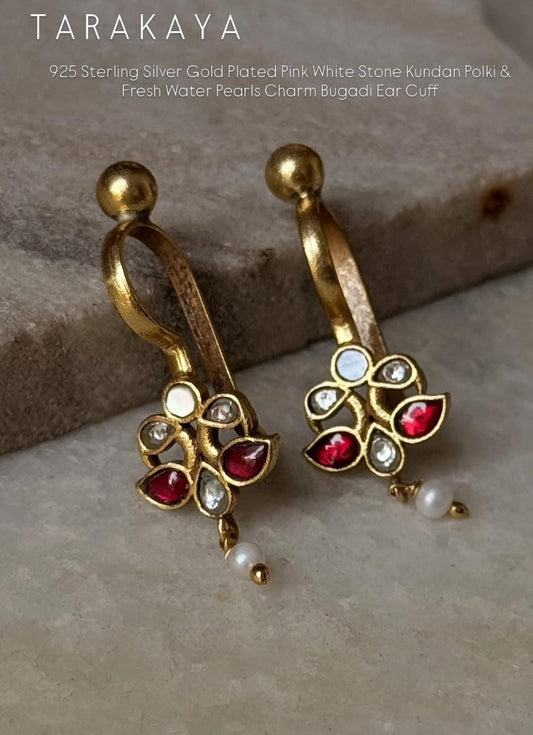 925 Sterling Silver Gold Plated Pink White Stone Kundan Polki & Fresh Water Pearls Charm Bugadi Ear Cuff