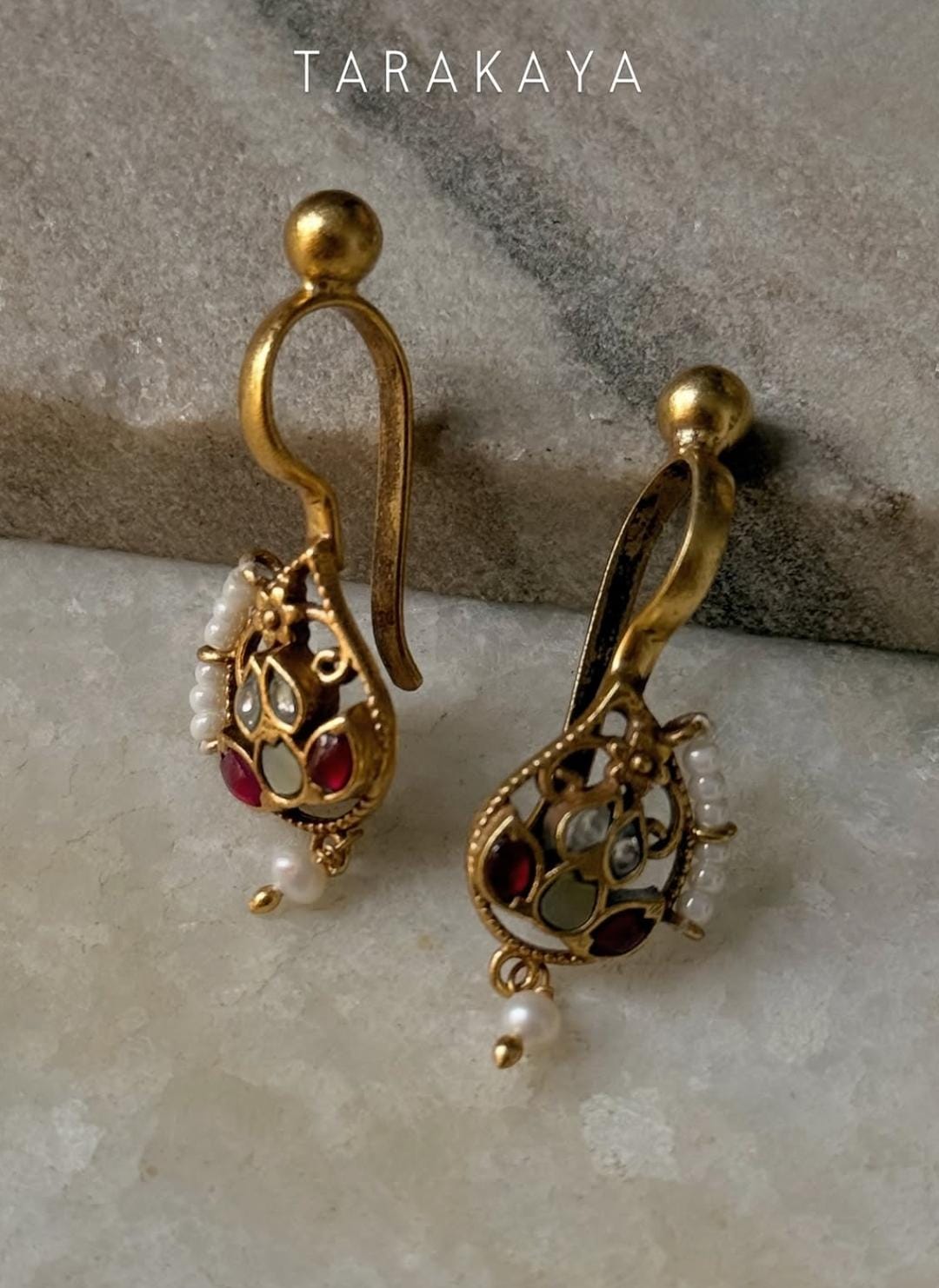 925 Sterling Silver Gold Plated Pink White Stone Kundan Polki & Fresh Water Pearls Pirohi & Charm Bugadi Ear Cuff