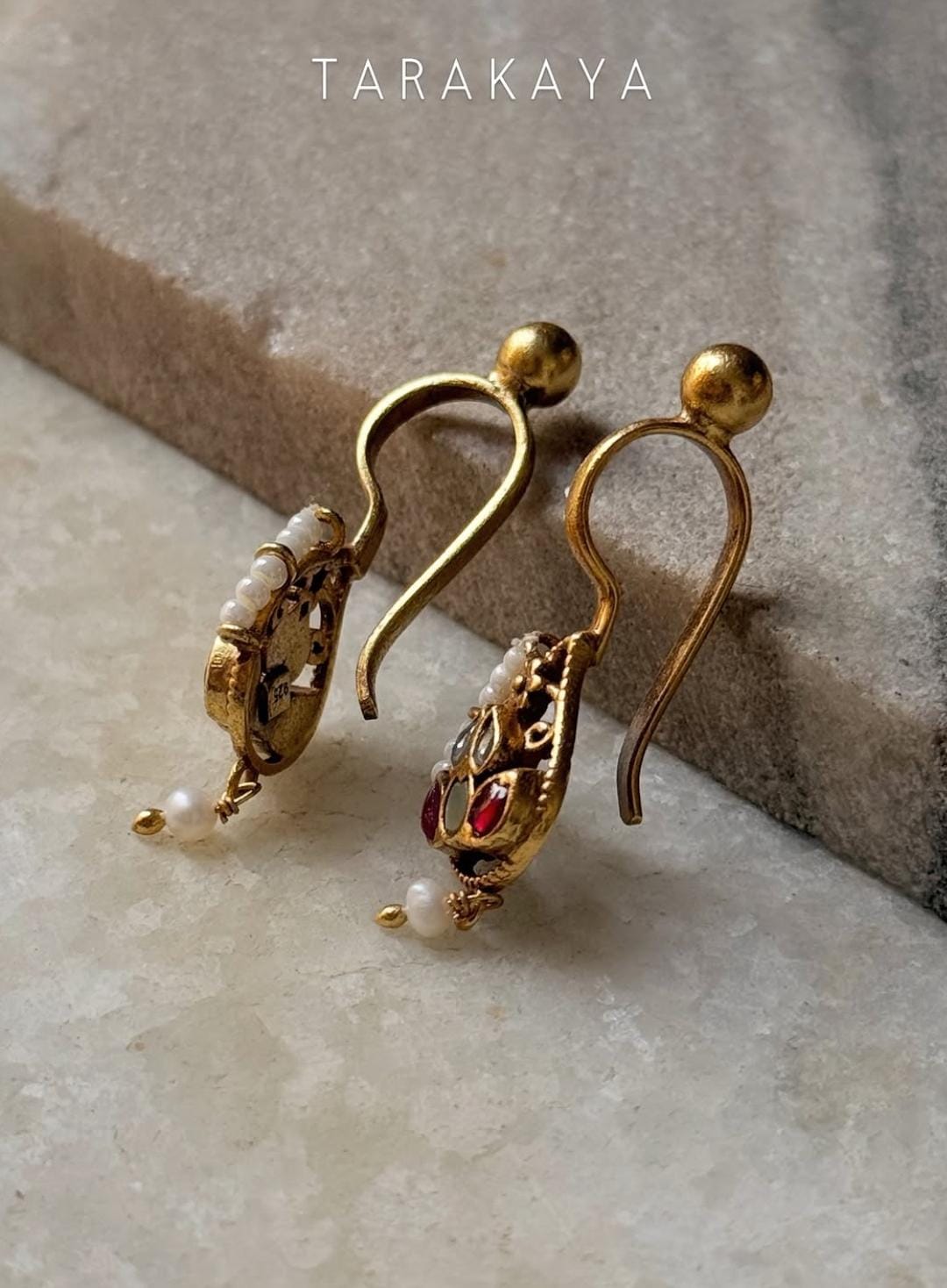 925 Sterling Silver Gold Plated Pink White Stone Kundan Polki & Fresh Water Pearls Pirohi & Charm Bugadi Ear Cuff