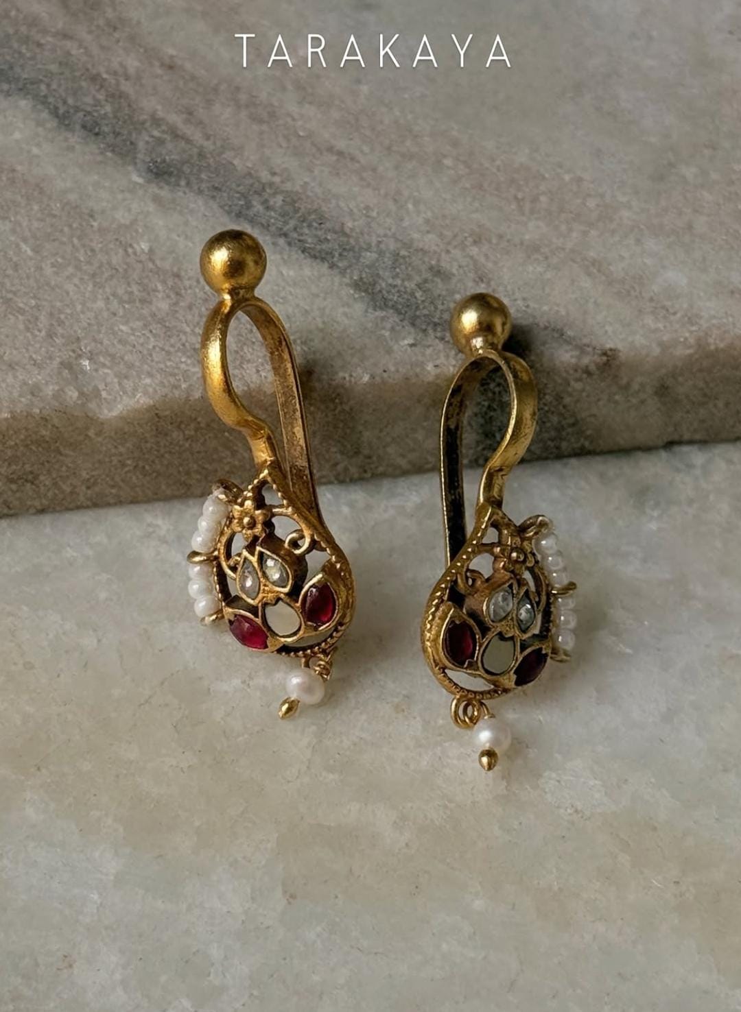925 Sterling Silver Gold Plated Pink White Stone Kundan Polki & Fresh Water Pearls Pirohi & Charm Bugadi Ear Cuff