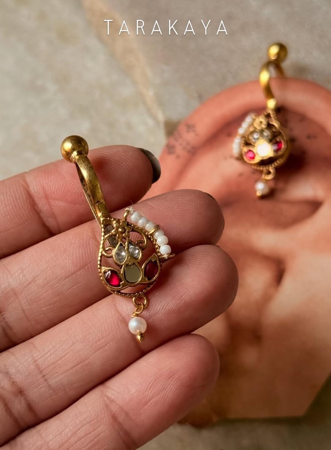 925 Sterling Silver Gold Plated Pink White Stone Kundan Polki & Fresh Water Pearls Pirohi & Charm Bugadi Ear Cuff
