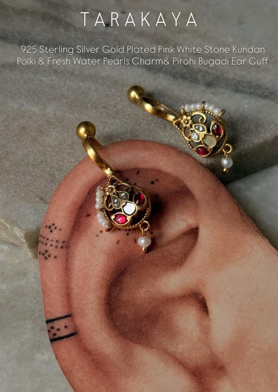 925 Sterling Silver Gold Plated Pink White Stone Kundan Polki & Fresh Water Pearls Pirohi & Charm Bugadi Ear Cuff