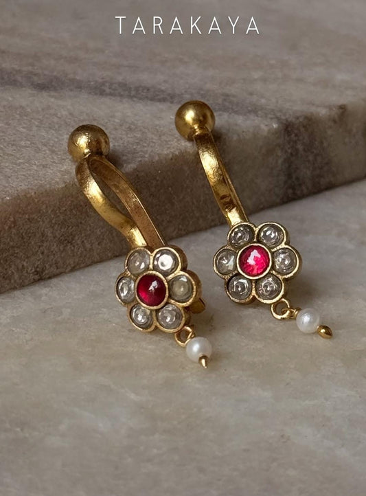 925 Sterling Silver Gold Plated Pink White Stone Kundan Polki & Fresh Water Pearls Charm Bugadi Ear Cuff