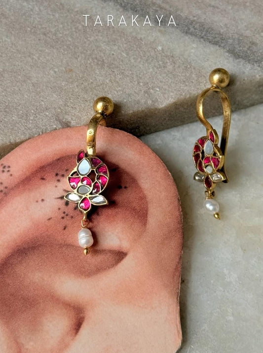 925 Sterling Silver Gold Plated Pink White Stone Kundan Polki & Fresh Water Pearls Charm Bugadi Ear Cuff