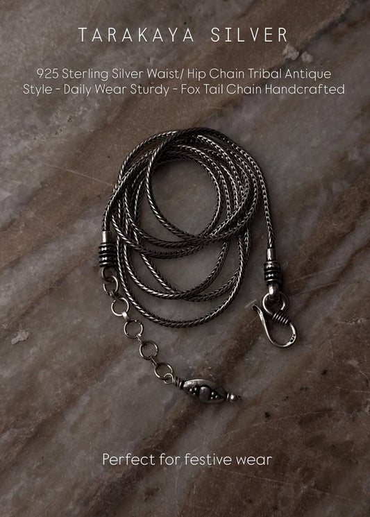 925 Sterling Silver Waist/ Hip Chain Tribal Antique Style - Daily Wear Sturdy - Fox Tail Chain Handcrafted