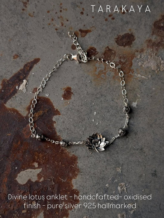 925 Sterling Silver Divine Lotus Ball Oxidised Finish Anklet