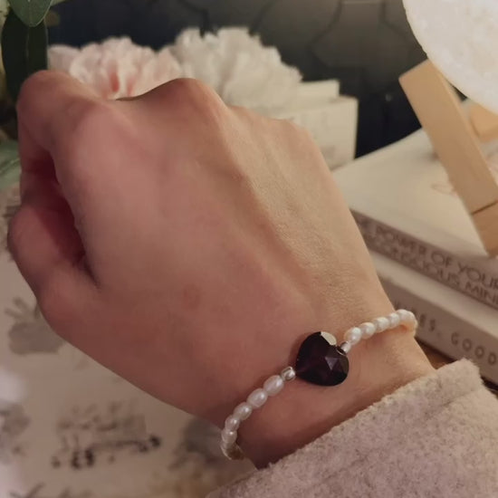 Garnet Heart Pearl Bracelet for Strength and Confidence